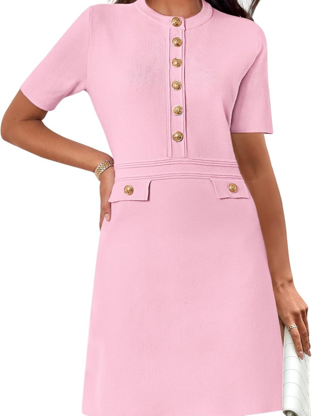 Chic Pink Short-Sleeve Dress with Gold Button Details